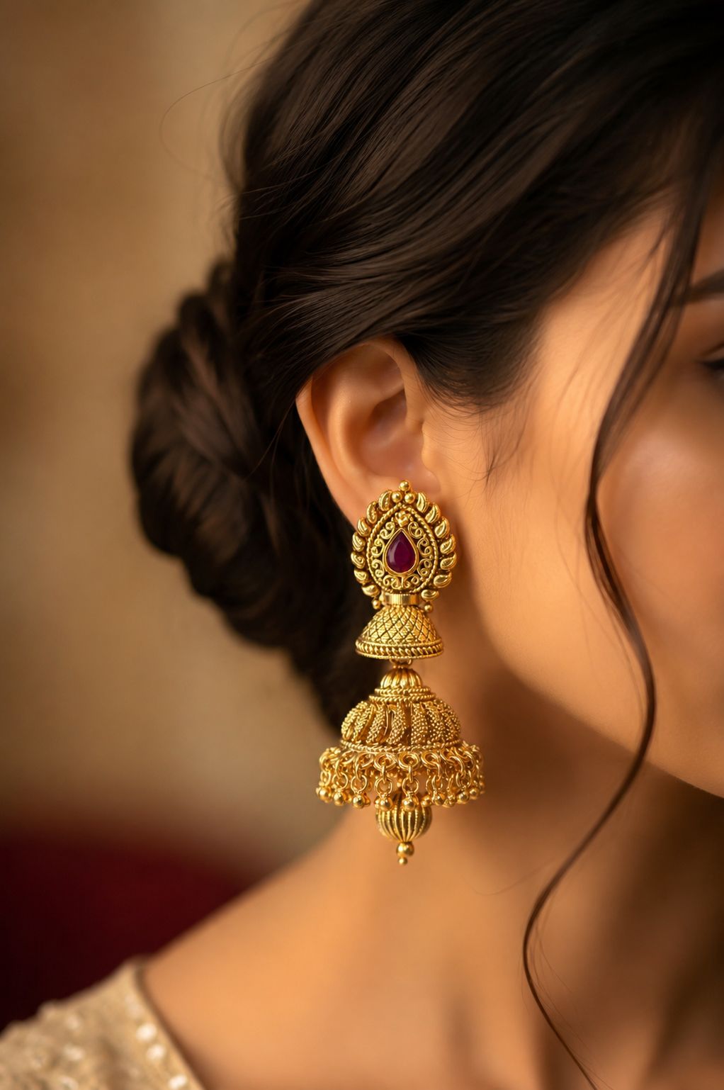Festive Exclusive Gold Finish Double Layer Nitya Jhumki with Ruby Detaling