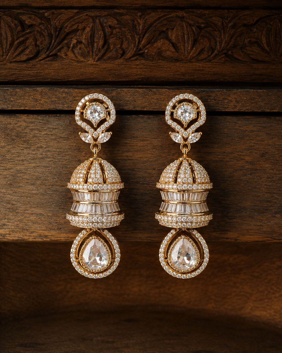 Festive Exclusive Antique Gold Finish 3 Layered Premium Moissanite Polki Jhumki Earrings