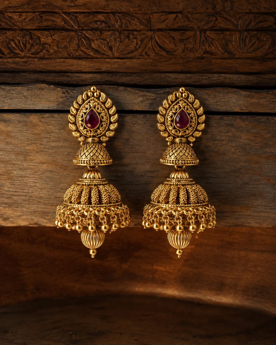 Festive Exclusive Gold Finish Double Layer Nitya Jhumki with Ruby Detaling