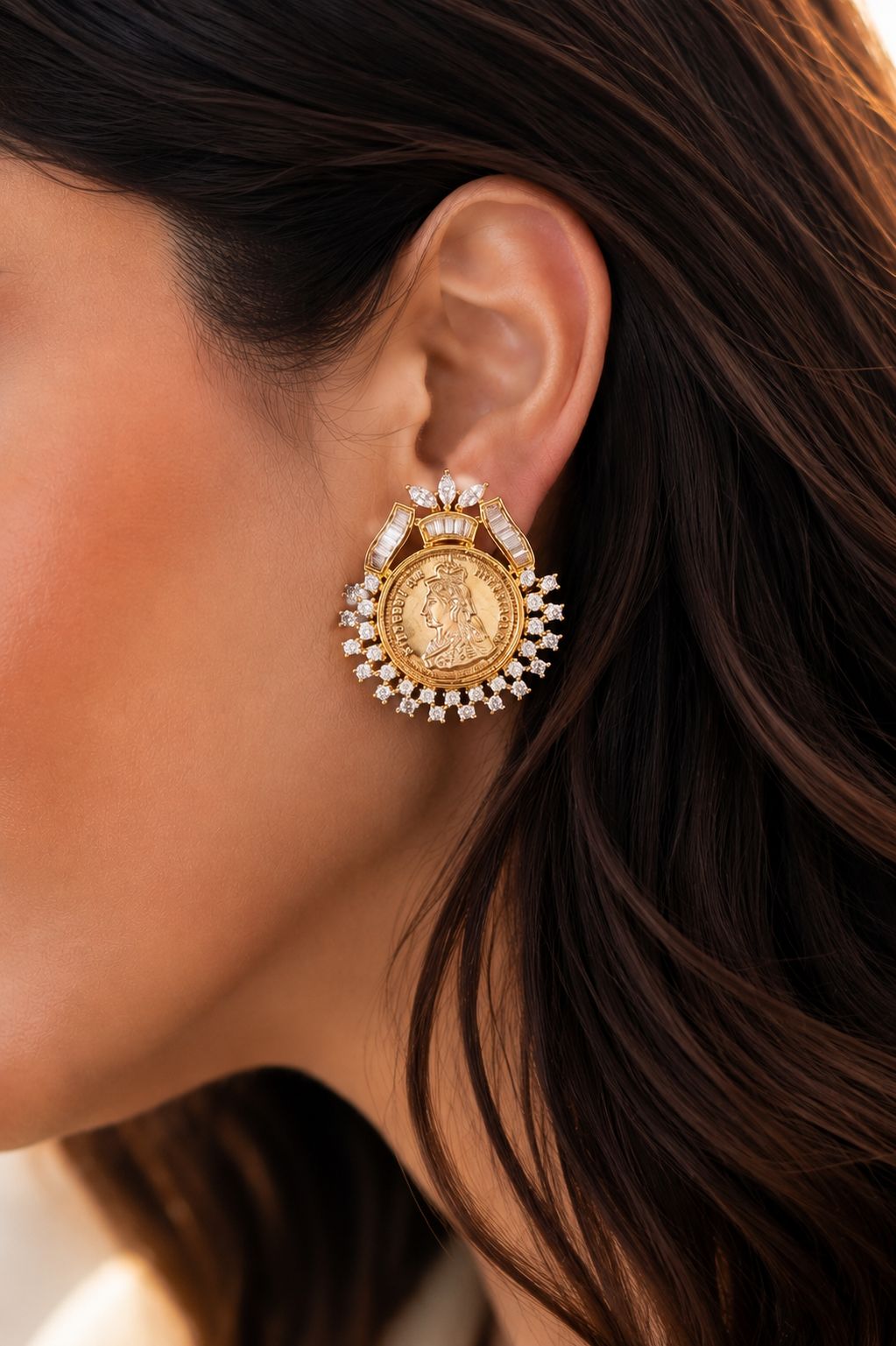 Gold Finish Ginni Gold Coin Earrings with CZ Diamonds