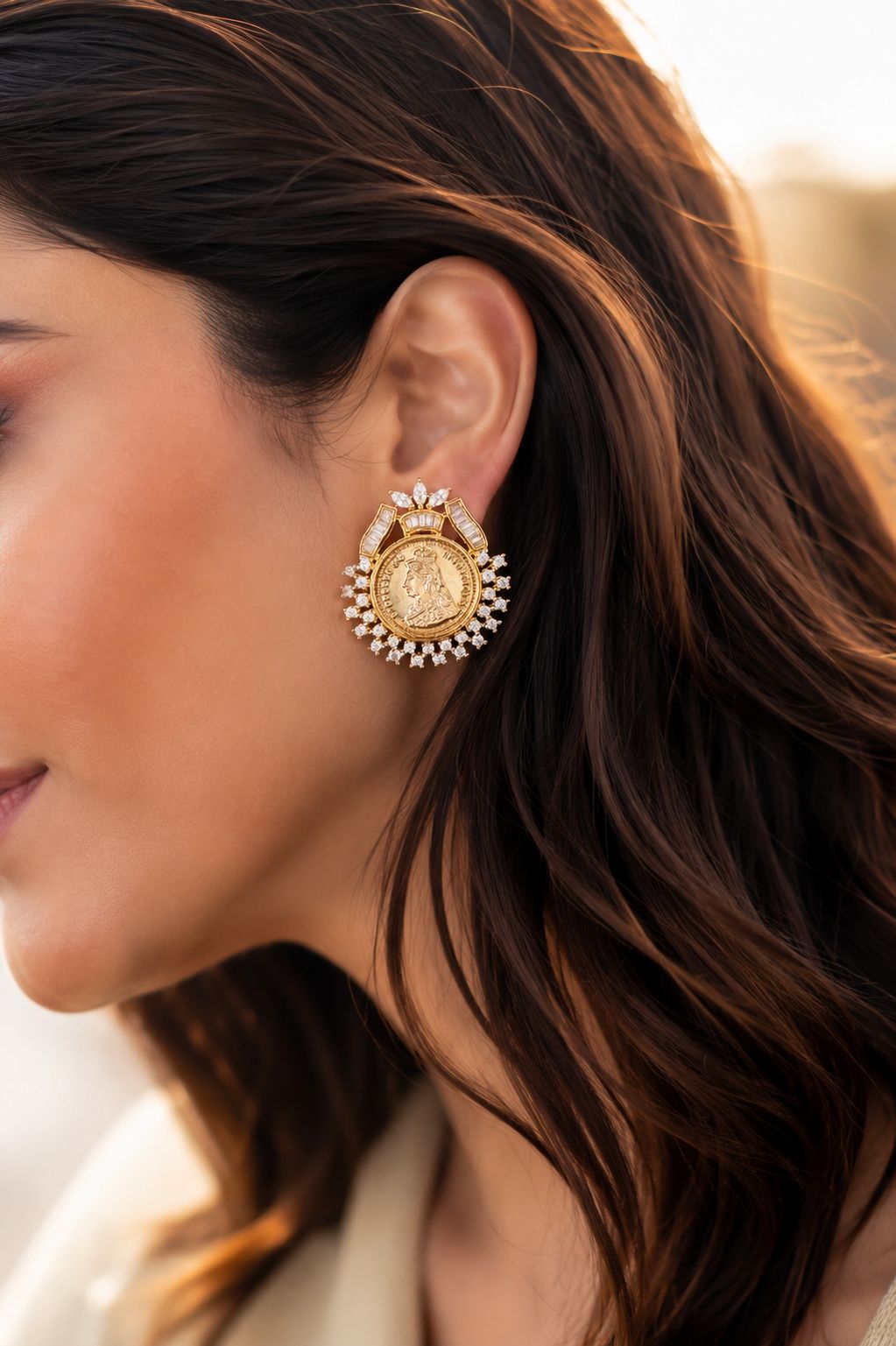 Gold Finish Ginni Gold Coin Earrings with CZ Diamonds
