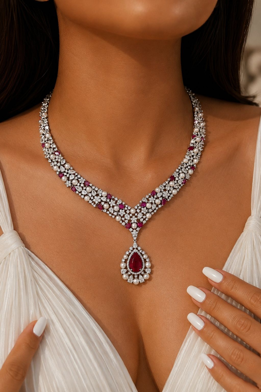 Premium Ruby  Drop and Fresh Water Pearl Nytara Necklace Set with Earrings
