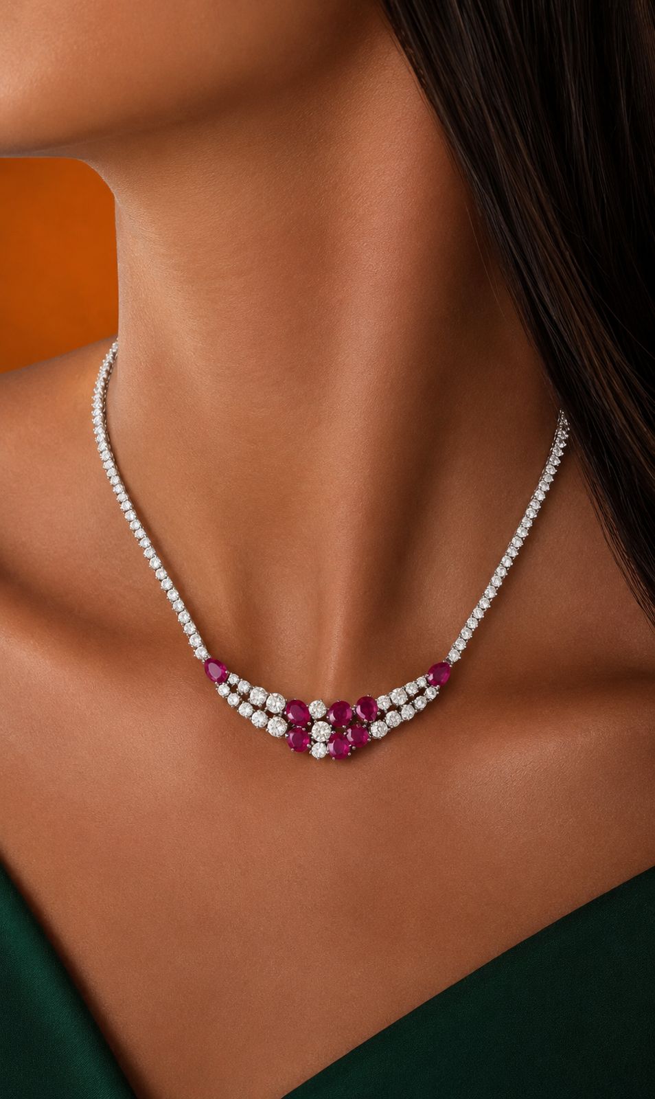 Premium Ruby and Solitaire Valetta Bridal Necklace Set with Earrings