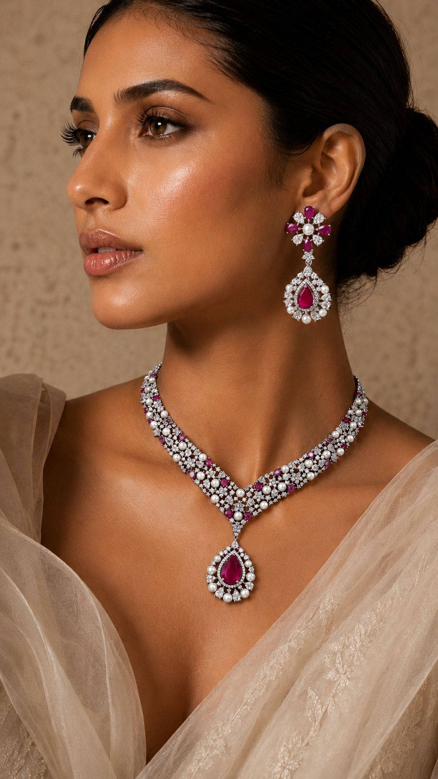 Premium Ruby  Drop and Fresh Water Pearl Nytara Necklace Set with Earrings