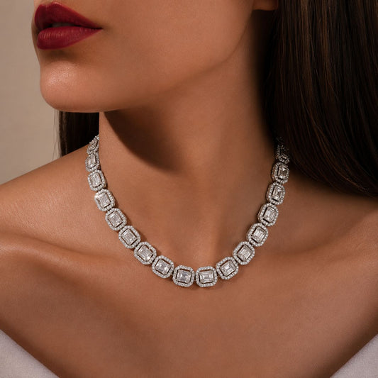 Emerald Cut Solitaire Single Line Necklace Set with Earrings
