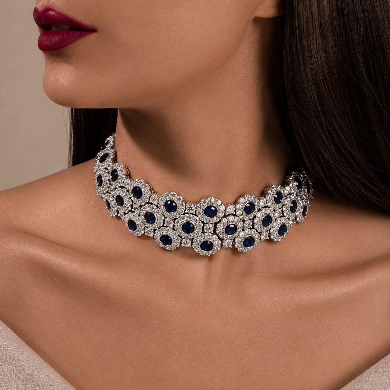 Blue Sapphire and Diamond Premium Party Choker Necklace Set with Earrings