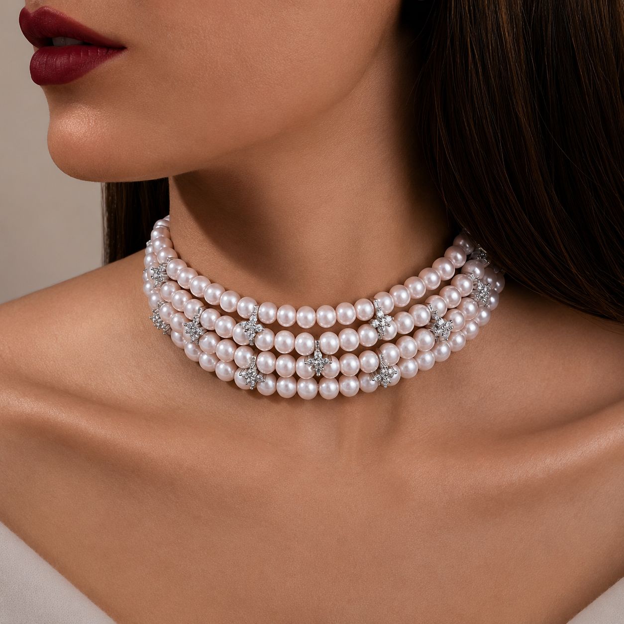 Four Line Pink Natural Fresh Water Pearl Choker Necklace with American Diamonds for Women