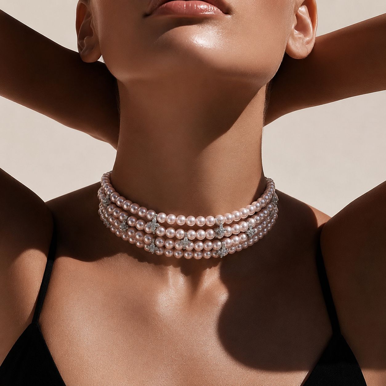 Four Line Pink Natural Fresh Water Pearl Choker Necklace with American Diamonds for Women