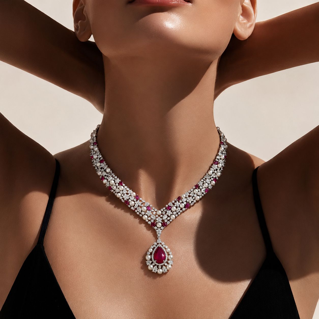 Premium Ruby  Drop and Fresh Water Pearl Nytara Necklace Set with Earrings
