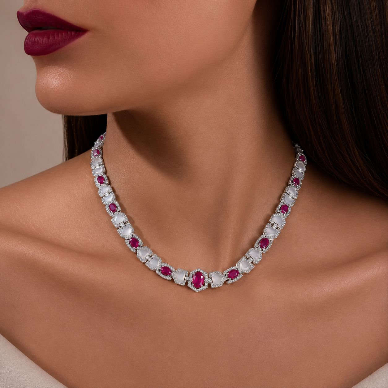 Premium Ruby and Mother of Pearl Janice Necklace Set with Earrings