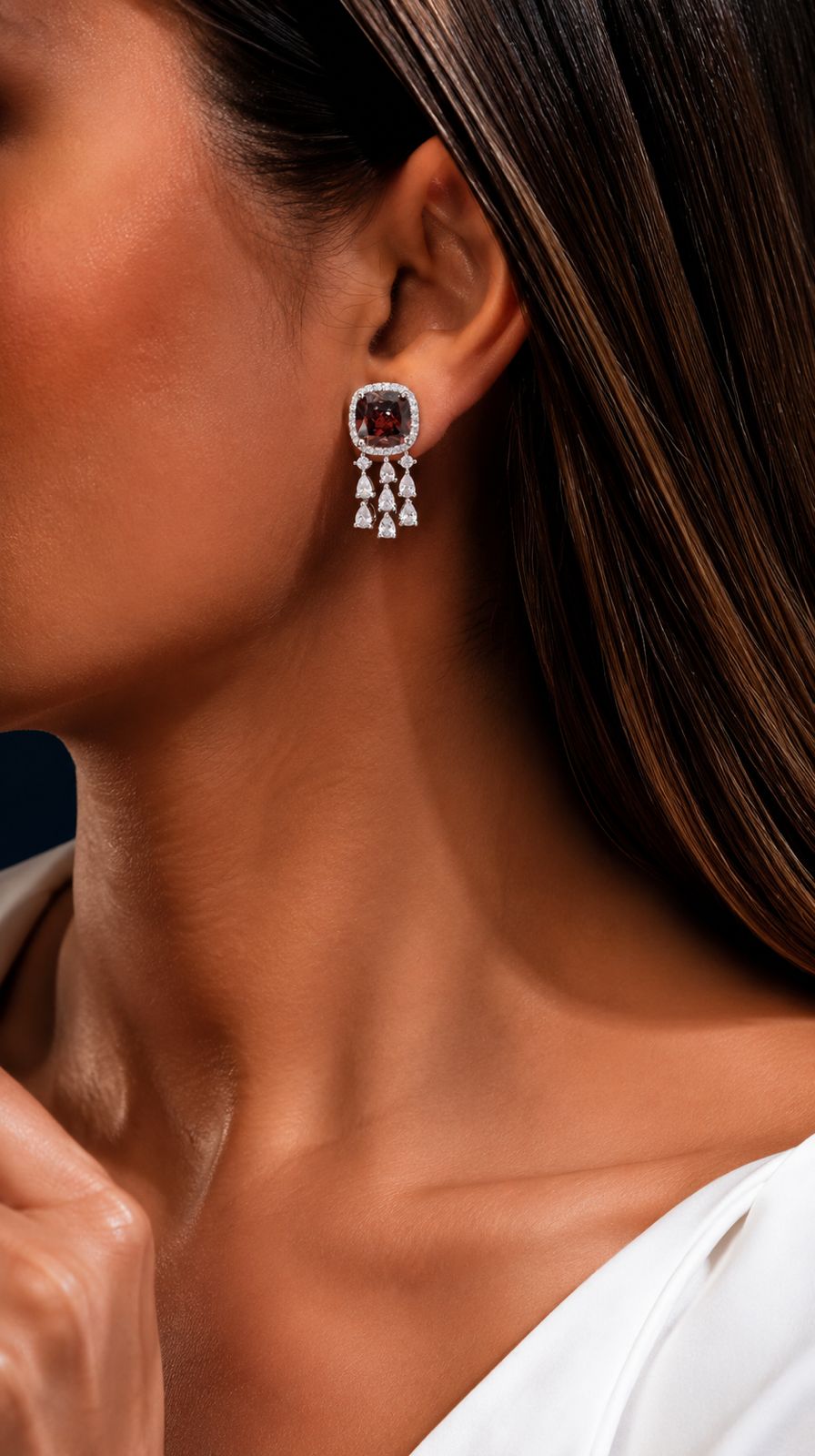 Deep Wine Cushion and Fancy Diamond Bridal Wedding Necklace Set with Earrings