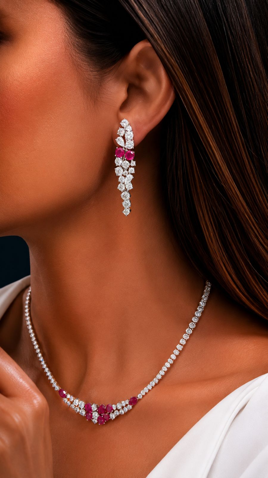 Premium Ruby and Solitaire Valetta Bridal Necklace Set with Earrings