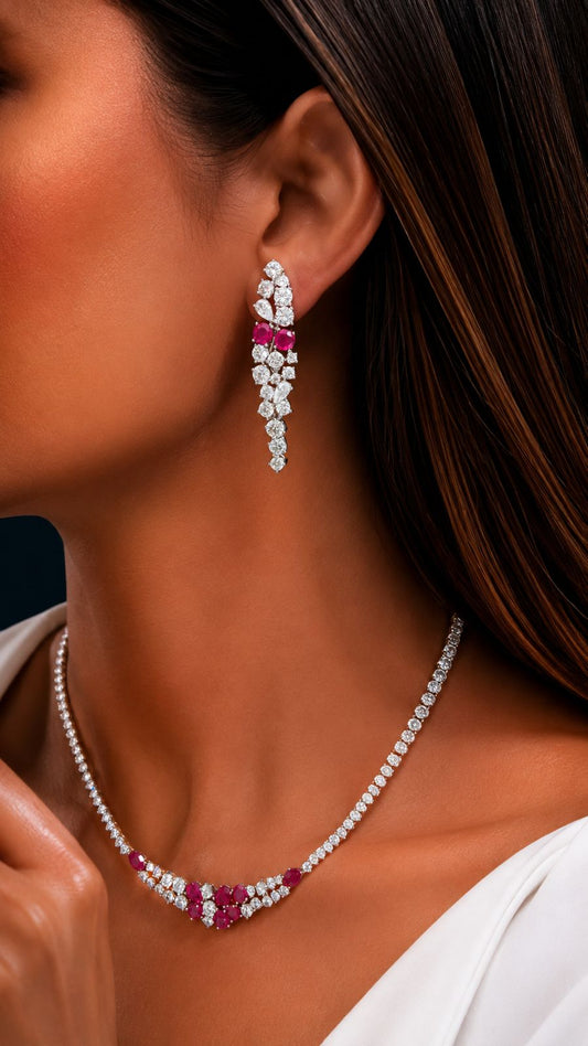 Premium Ruby and Solitaire Valetta Bridal Necklace Set with Earrings