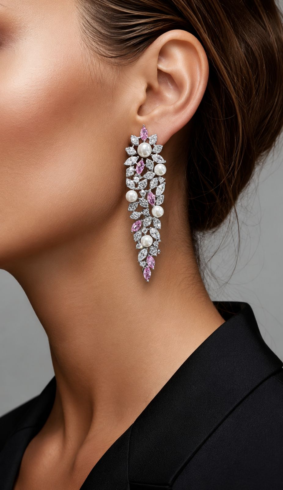 Premium Pink Marquise Diamond and Fresh Water Pearl Solace Cocktail Necklace Set with Earrings