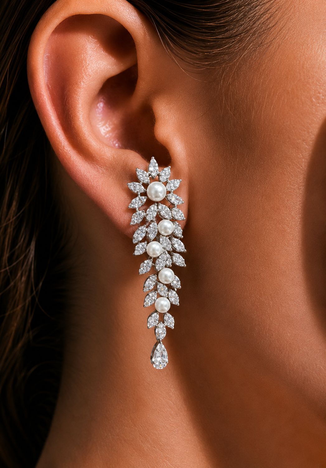 Classic White Pearl and Diamond Cocktail Necklace Set with Earrings