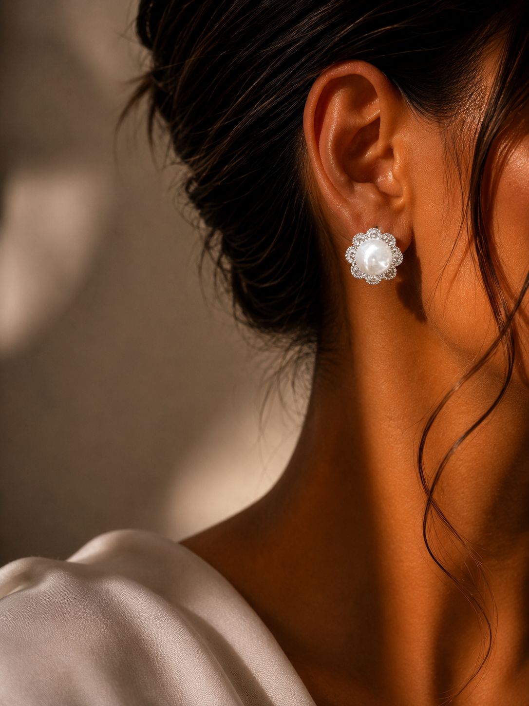 Floral Dolla American Diamond Fresh Water Pearl Studs