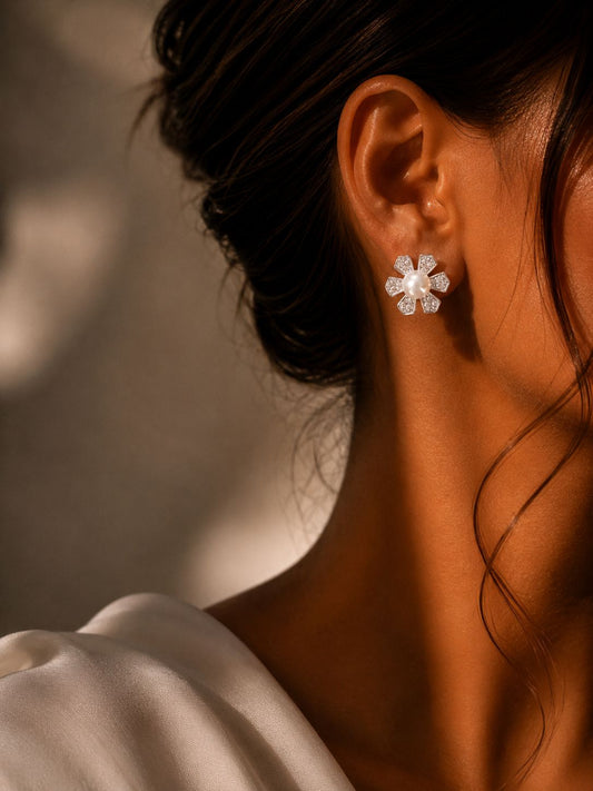 Fresh Water Pearl American Diamond Lily Studs