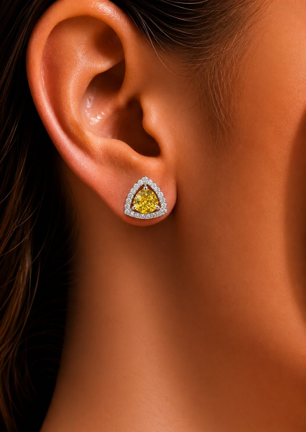 Trillion Cut American Diamond Yellow Solitaire Stud Earrings for Women | Anti Tarnish Halo CZ Stud Earrings