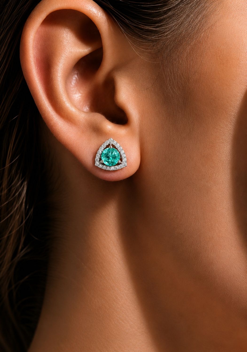 Trillion Cut American Diamond Aqua Green Solitaire Stud Earrings for Women | Anti Tarnish Halo CZ Stud Earrings