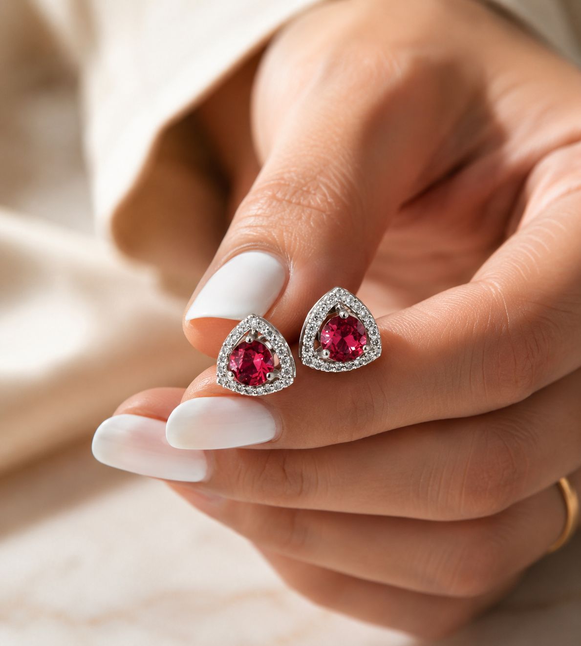 Trillion Cut American Diamond Red Ruby Solitaire Stud Earrings for Women | Anti Tarnish Halo CZ Stud Earrings