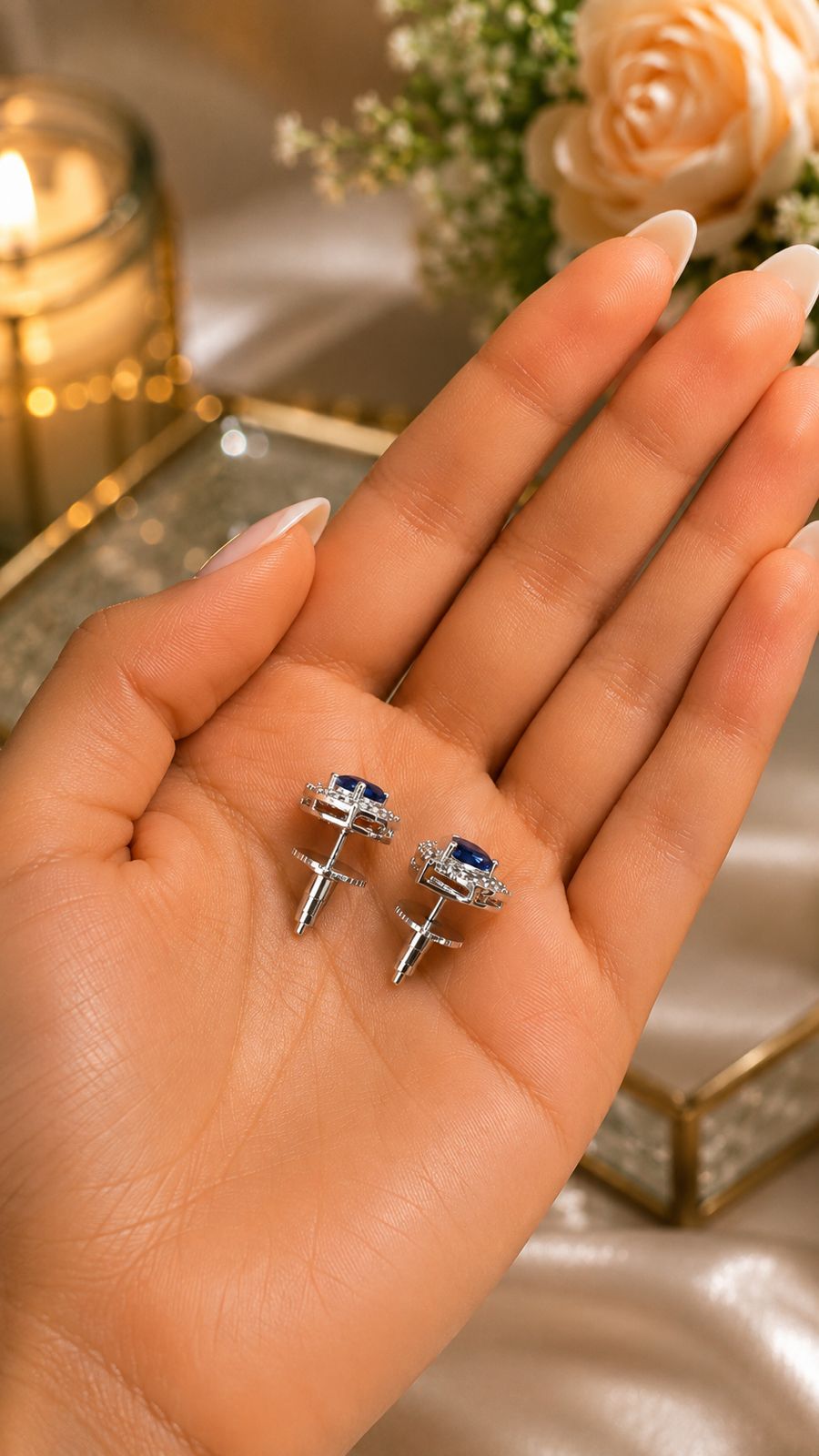 Trillion Cut American Diamond Blue Sapphire Solitaire Stud Earrings for Women | Anti Tarnish Halo CZ Stud Earrings