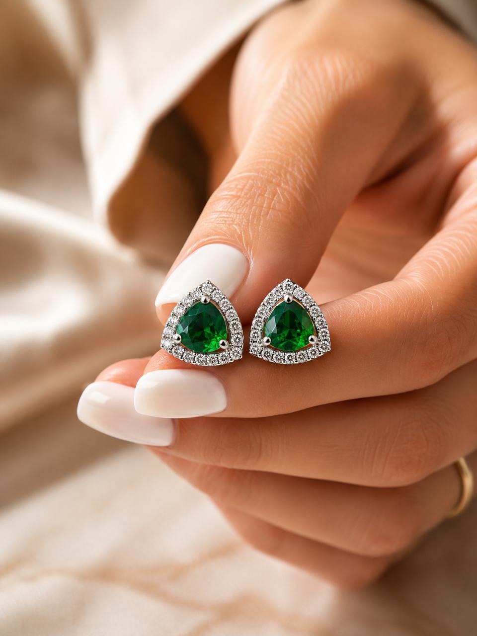 Trillion Cut American Diamond Emerald Green Solitaire Stud Earrings for Women | Anti Tarnish Halo CZ Stud Earrings