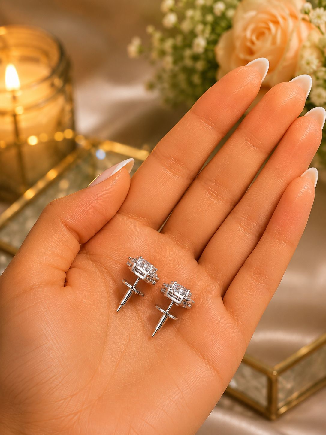 Trillion Cut American Diamond Peach Morganite Solitaire Stud Earrings for Women | Anti Tarnish Halo CZ Stud Earrings