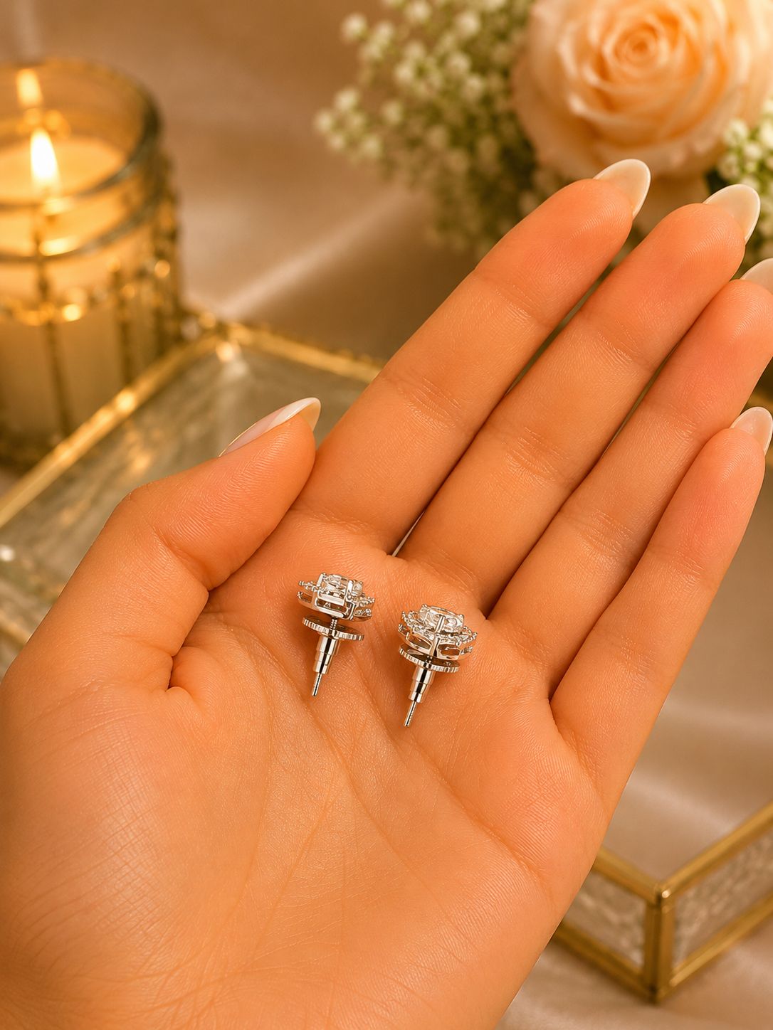 Trillion Cut American Diamond Solitaire Stud Earrings for Women | Anti Tarnish Halo CZ Stud Earrings