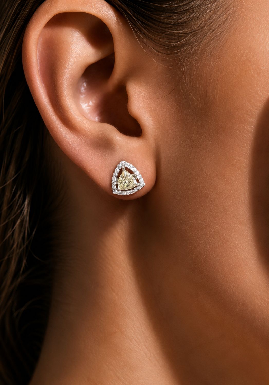 Trillion Cut American Diamond Canary Yellow Solitaire Stud Earrings for Women | Anti Tarnish Halo CZ Stud Earrings