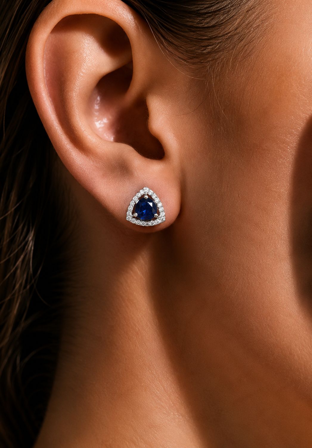 Trillion Cut American Diamond Blue Sapphire Solitaire Stud Earrings for Women | Anti Tarnish Halo CZ Stud Earrings