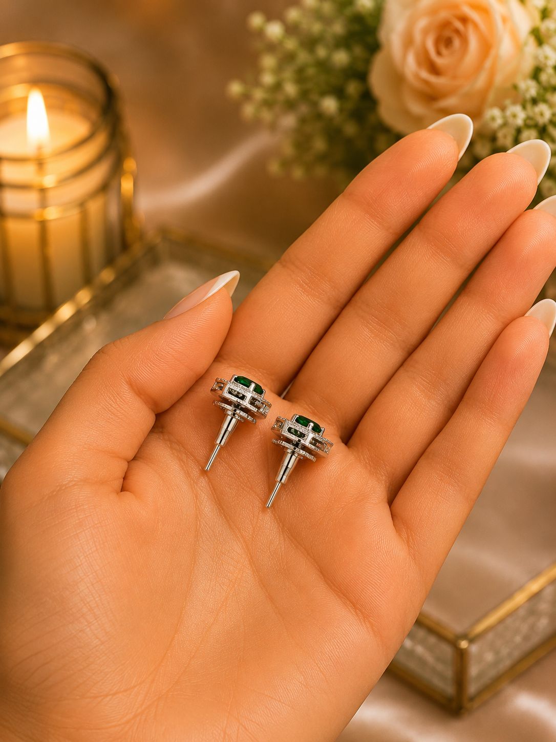Trillion Cut American Diamond Emerald Green Solitaire Stud Earrings for Women | Anti Tarnish Halo CZ Stud Earrings