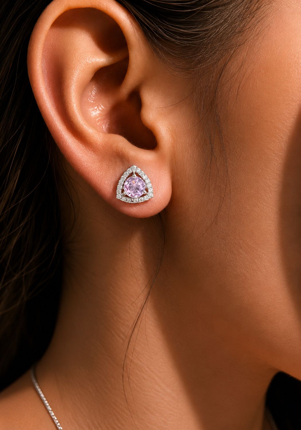 Trillion Cut American Diamond Pink Diamond Solitaire Stud Earrings for Women | Anti Tarnish Halo CZ Stud Earrings