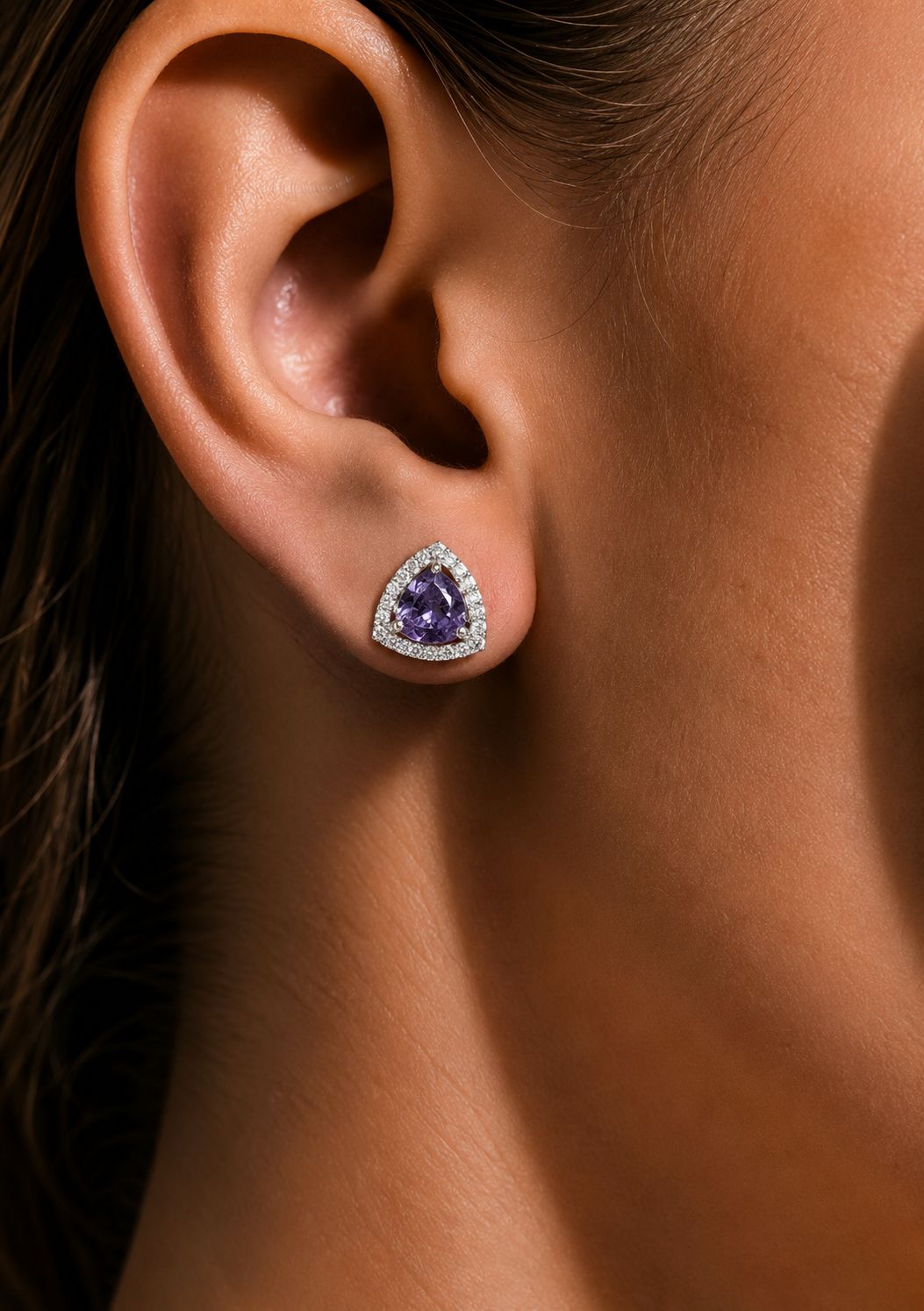 Trillion Cut American Diamond Purple Amethyst Solitaire Stud Earrings for Women | Anti Tarnish Halo CZ Stud Earrings