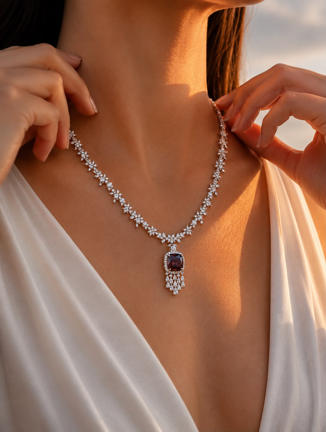 Deep Wine Cushion and Fancy Diamond Bridal Wedding Necklace Set with Earrings