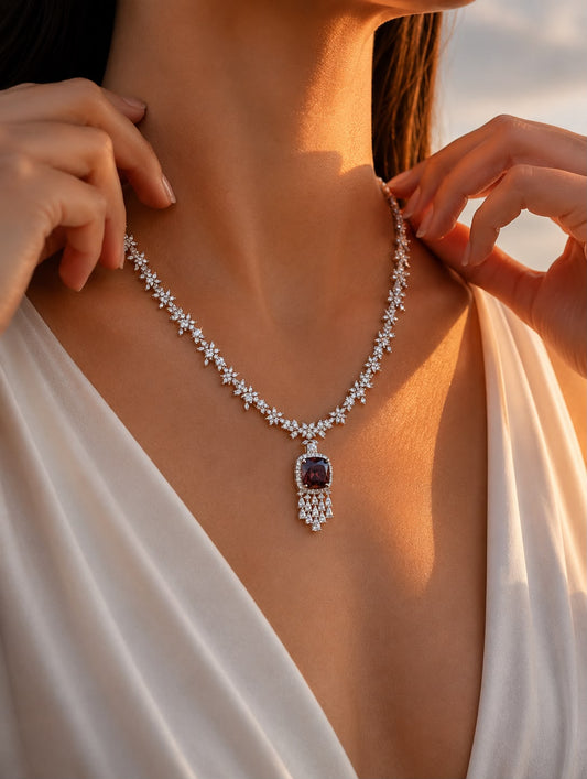 Deep Wine Cushion and Fancy Diamond Bridal Wedding Necklace Set with Earrings