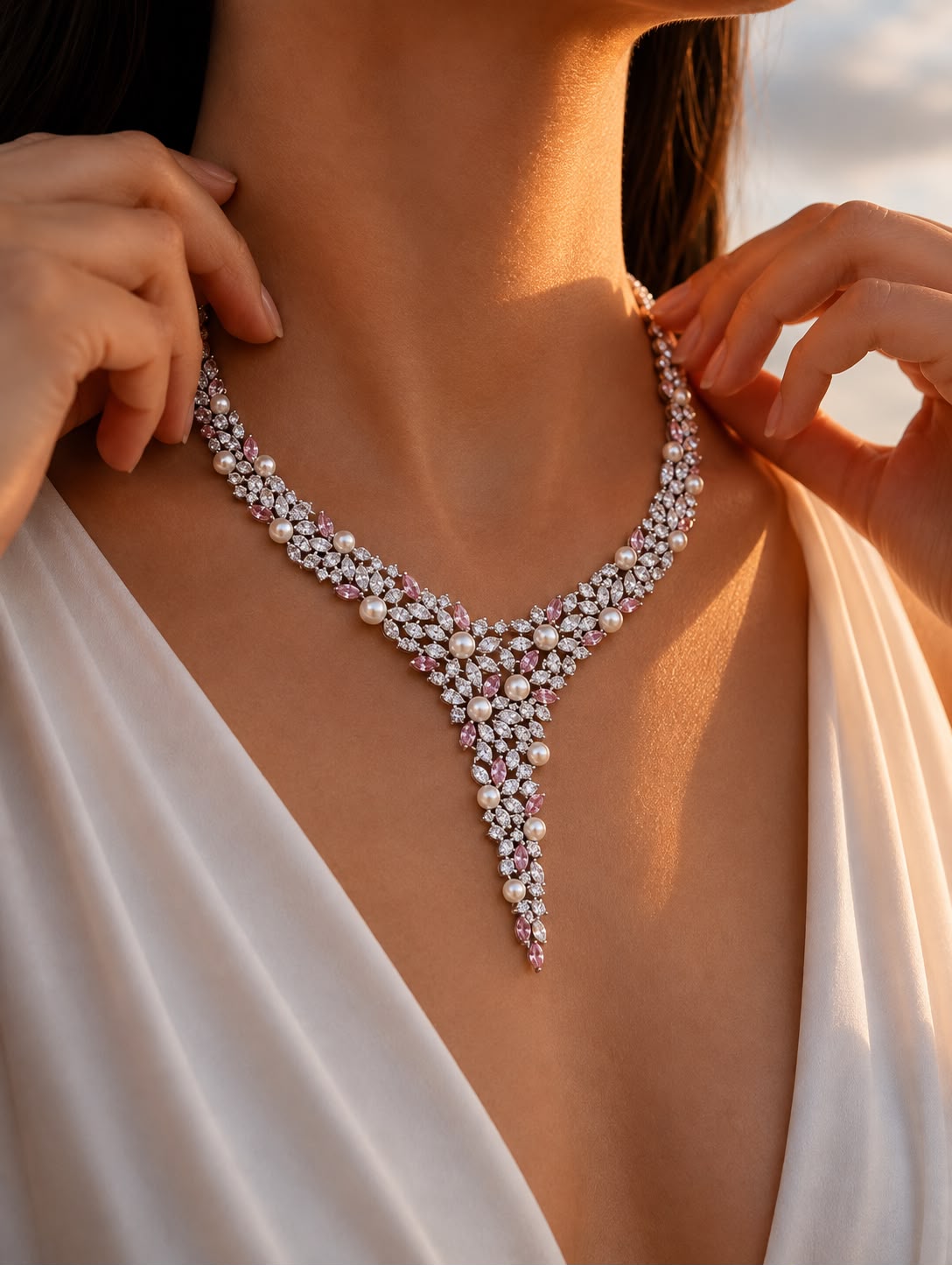 Premium Pink Marquise Diamond and Fresh Water Pearl Solace Cocktail Necklace Set with Earrings