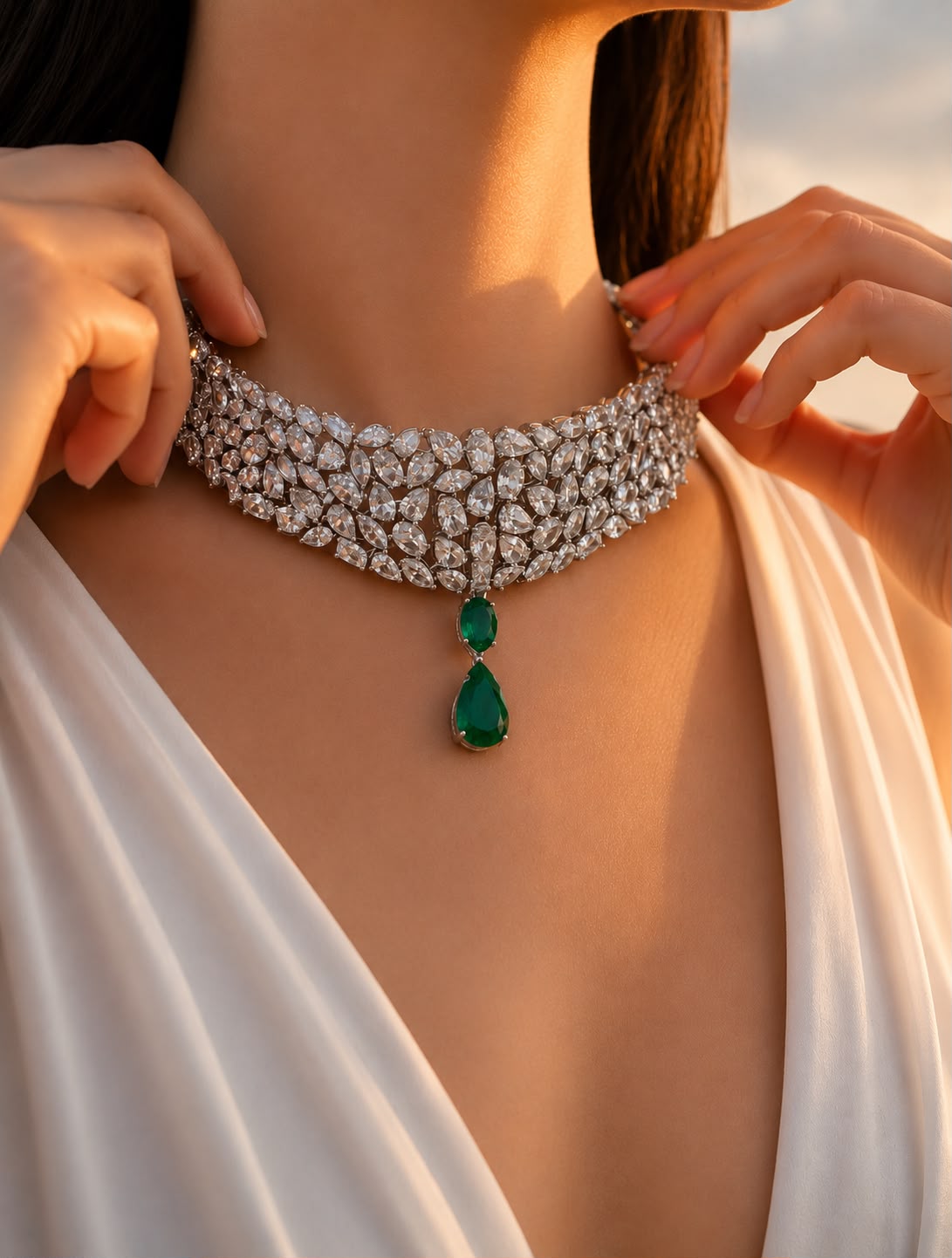 5 Line Multi Solitaire Premium Green Emerald Drop Choker Necklace Set