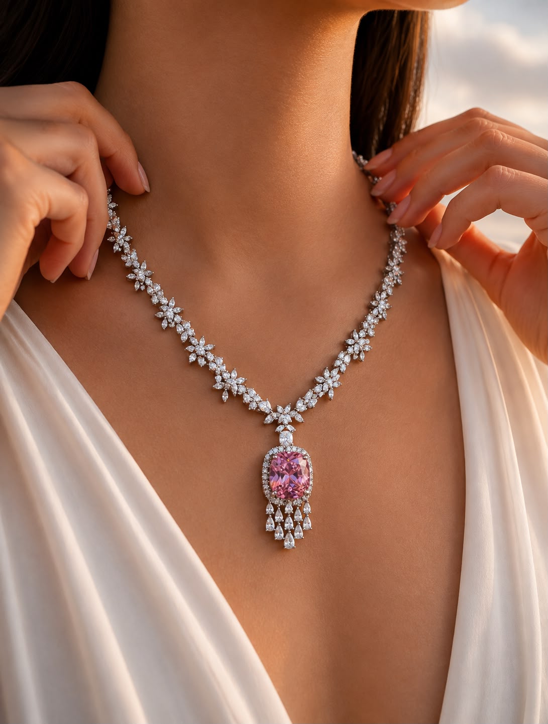 Crystal Pink Cushion and Fancy Diamond Bridal Wedding Necklace Set with Earrings