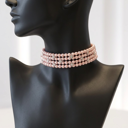 Four Line Pink Natural Fresh Water Pearl Choker Necklace with American Diamonds for Women