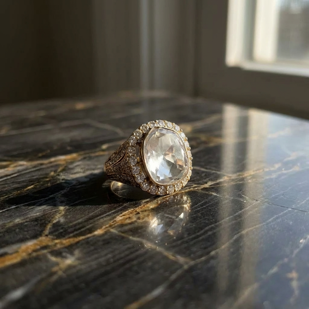 Hand Carved Antique Gold Finish Statement Polki Adjustable Ring for Women