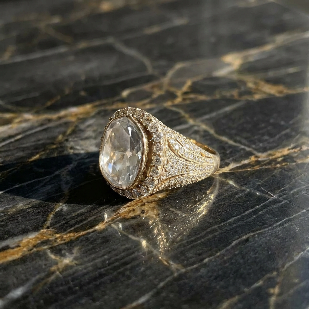 Hand Carved Antique Gold Finish Statement Polki Adjustable Ring for Women