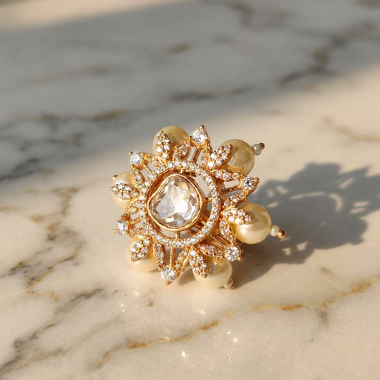 Gold Finish Pearl and Polki Adjustable Ring for Women with American Diamonds