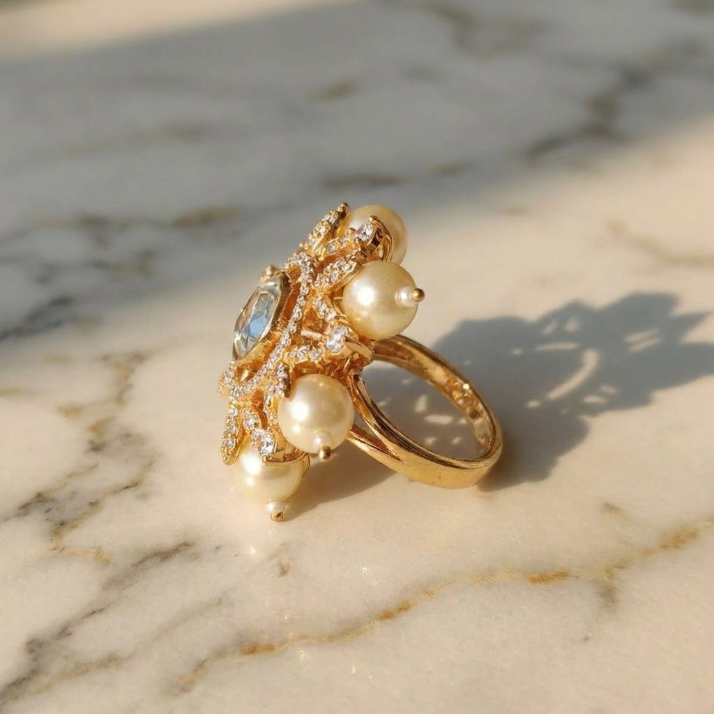 Gold Finish Pearl and Polki Adjustable Ring for Women with American Diamonds