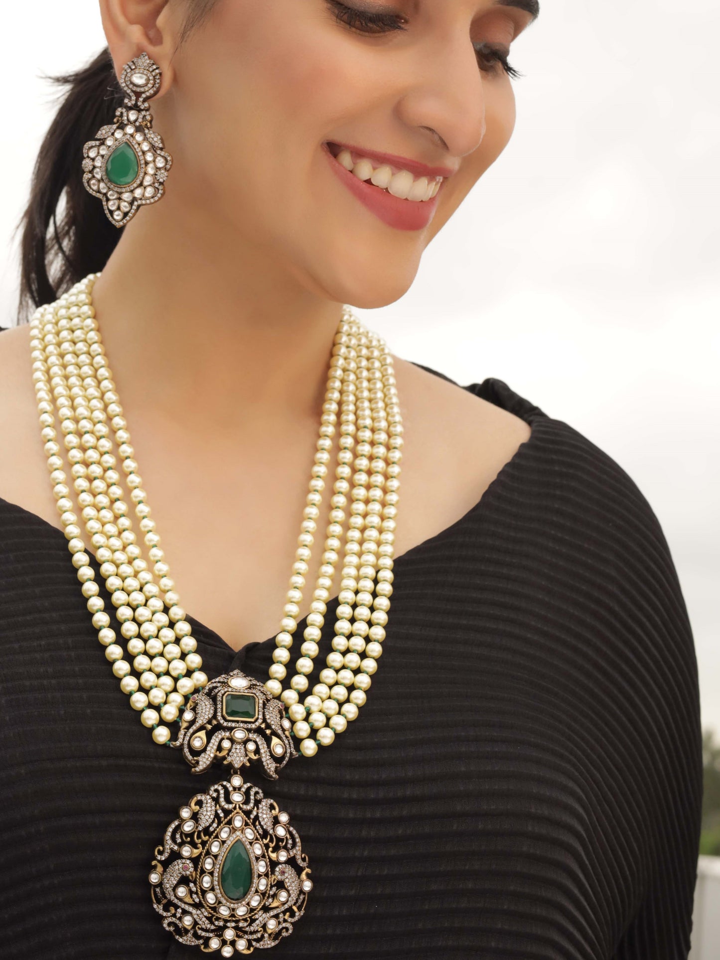 Pearl and Emerald Antique Finish Kundan Polki Long Necklace Haar