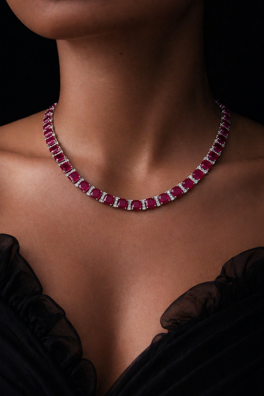 Premium Classic Ruby Solitaire String Necklace Set with Diamonds