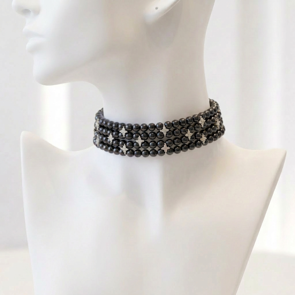 Four Line Black Natural Fresh Water Pearl Necklace with American Diamonds for Women