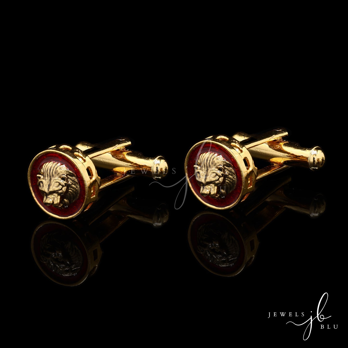 Red Enamel Lion Face Gold Finish Mens Cuff Link Pair