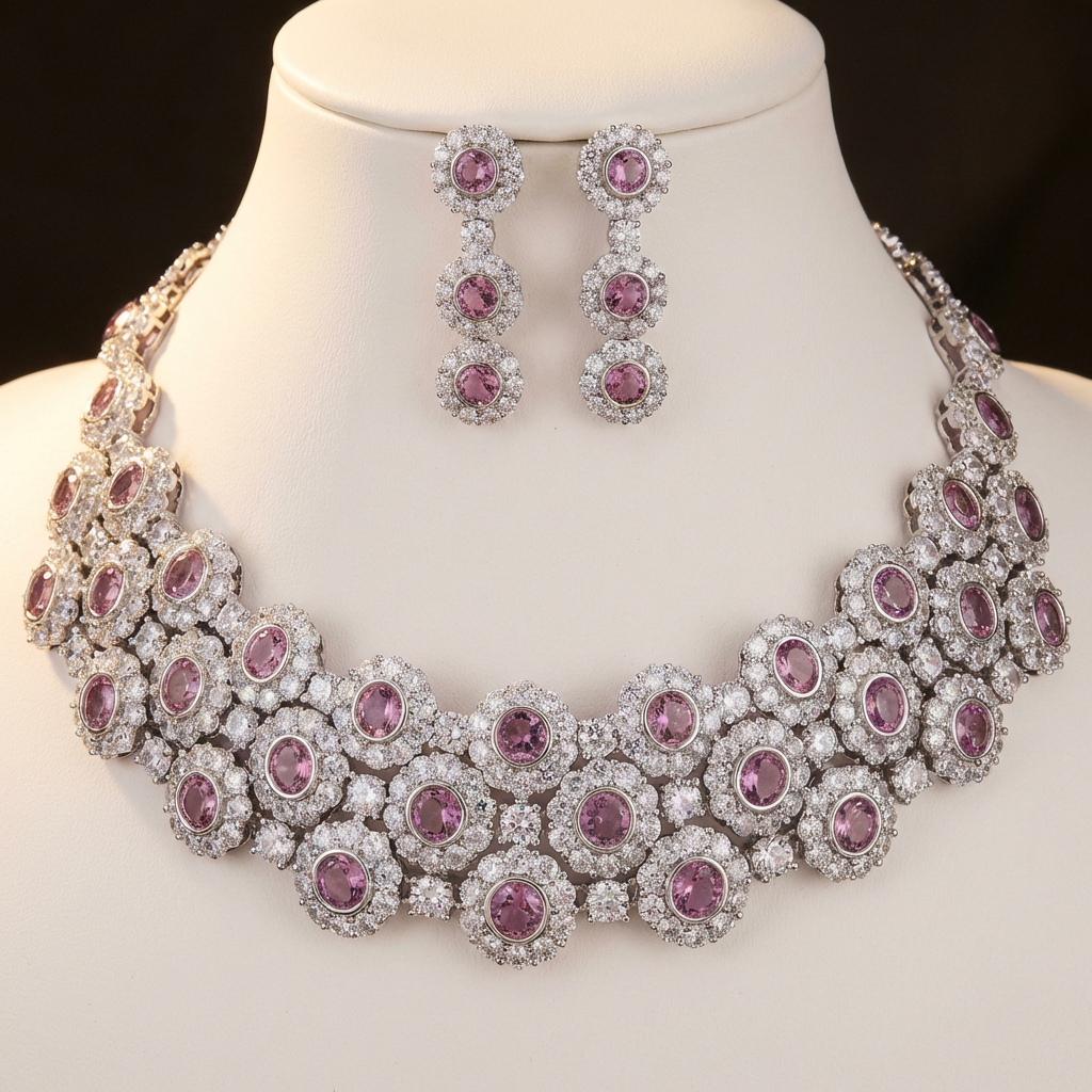 Pink Diamond Choker Necklace Set with Earrings for Women