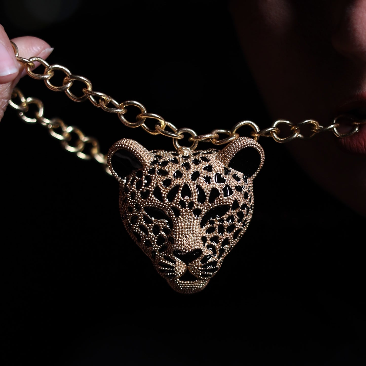 Gold Finish Tiger Face Link Long Necklace