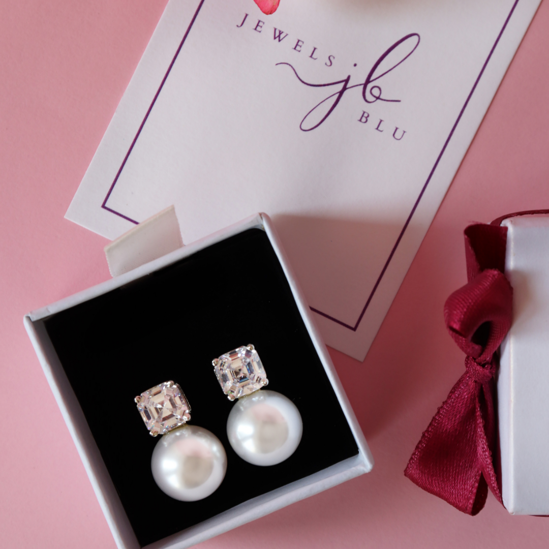 Fresh Water Pearl Zirconia Studs with Ascher Cut Solitaires.